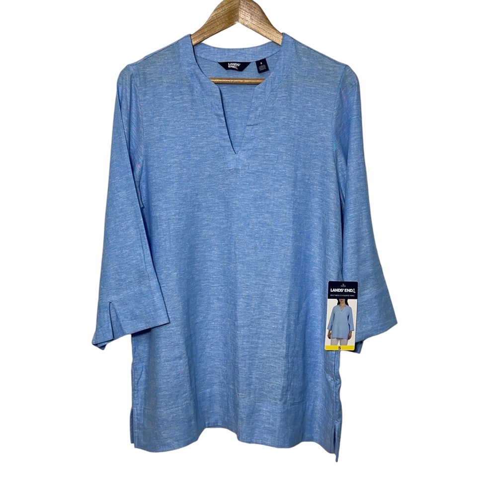 NWT Land End Linen Blend Split Neck Tunic Top Womens Size S 3/4 Sleeve POCKETS